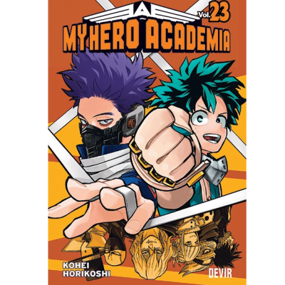 Capa do manga My Hero Academia Vol. 23 com dois personagens em fundo laranja