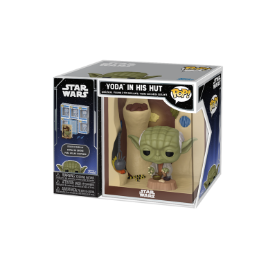 Boneco Funko Pop Yoda In His Hut da Star Wars dentro da embalagem com janela de plástico transparente