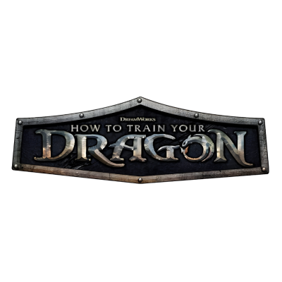 Logótipo do filme How to Train Your Dragon com letras prateadas em fundo preto e moldura metálica