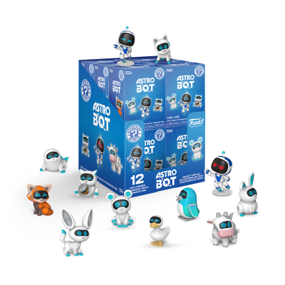 Figuras de vinil Astro Bot com caixa azul e várias personagens em animais e robôs.