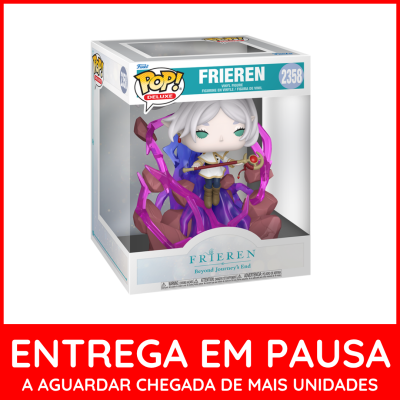 Figurina Funko Pop Deluxe Frieren em embalagem transparente com base rochosa lilás e castanha
