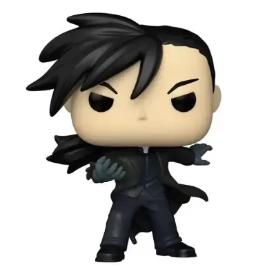 Figura colecionável Funko Pop de personagem masculino com cabelo preto e casaco preto
