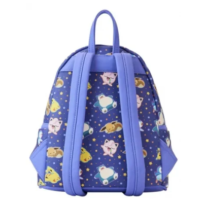 Mochila pequena azul com estampado colorido de personagens Pokémon