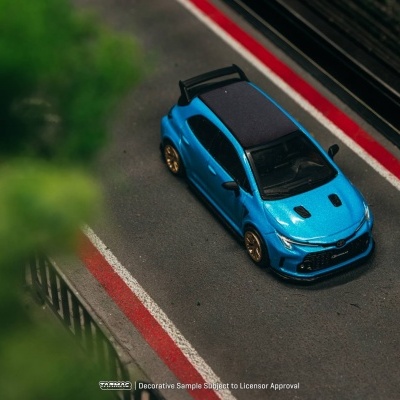 Carro de brinquedo azul numa pista com linhas vermelhas e brancas e vegetação ao lado