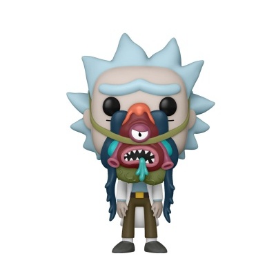 Figura colecionável Funko Pop de personagem com máscara de monstro roxa e cabelo azul claro