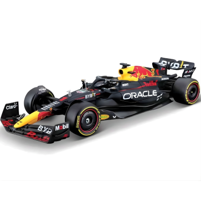 Carro de Fórmula 1 Red Bull preto e amarelo com vários logótipos em fundo branco
