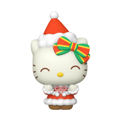 Figura Hello Kitty com roupa e chapéu de Natal e laço colorido