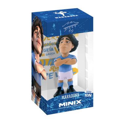 Figura colecionável Minix de Maradona com uniforme azul em caixa azul