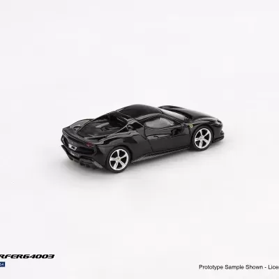 Miniatura de carro desportivo Ferrari preta em fundo branco com texto