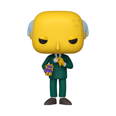 Figura Funko Pop de personagem com cabeça amarela e fato verde segurando bolsa roxa
