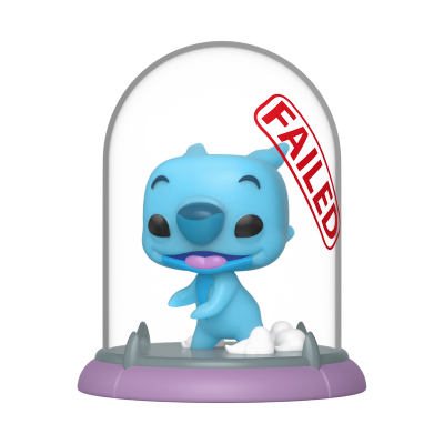 Figura Funko Pop azul dentro de globo de vidro com a palavra FAILED