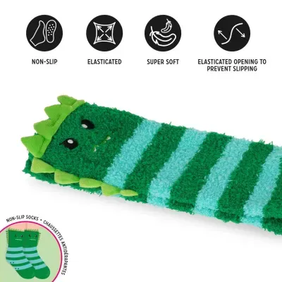 Meias antiderrapantes felpudas verdes às riscas com rosto de monstro e crista