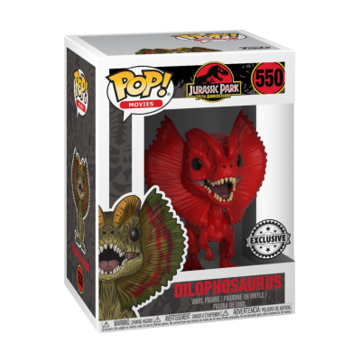 Figura de vinil Pop! Movies Dilophosaurus vermelho na caixa