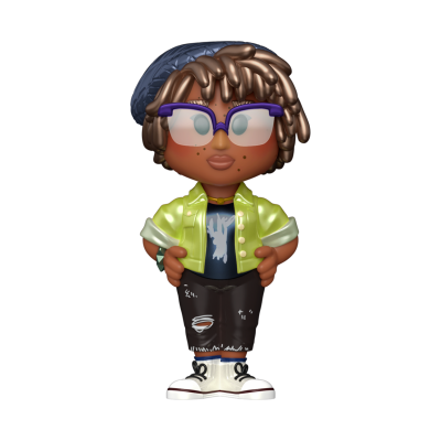 Figura colecionável de vinil estilizada com roupas coloridas e acessórios