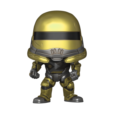 Boneco colecionável com capacete dourado e armadura cinzenta