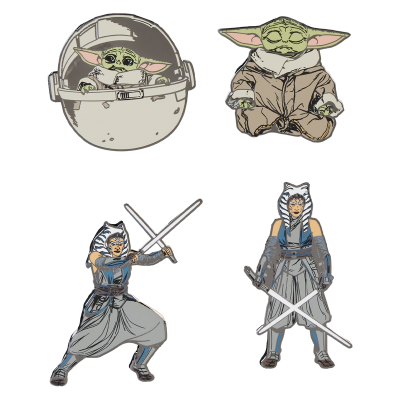 Quatro ilustrações de personagens Star Wars, Baby Yoda e Ahsoka Tano em várias poses.