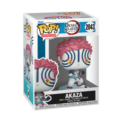 Figura Funko Pop Akaza de Demon Slayer com cabelo rosa e rosto pintado na embalagem