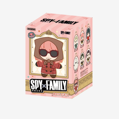 Embalagem rosa do produto SPY×FAMILY com personagem de casaco vermelho e óculos escuros