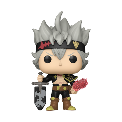 Figura Funko Pop com cabelo grisalho e armadura preta segurando espada e chama vermelha