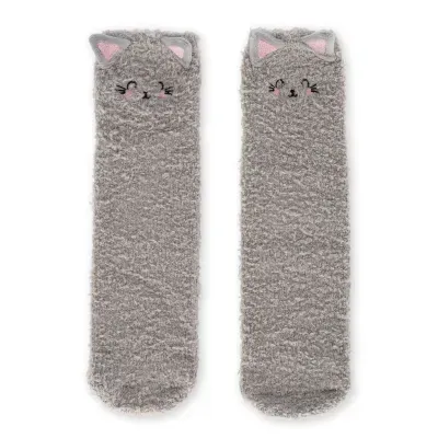 Par de meias cinzentas felpudas com rosto de gato bordado e orelhas cor-de-rosa
