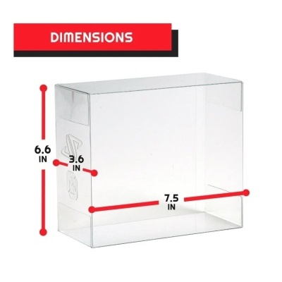 Caixa transparente de plástico com dimensões marcadas em polegadas.