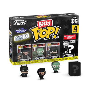 Caixa Funko Bitty Pop! DC com 4 figuras e uma caixa misteriosa preta.