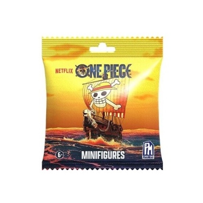 Embalagem com tema One Piece para minifiguras com navio pirata no mar