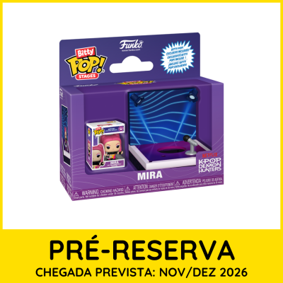 Funko Bitty Pop Stages personagem Mira com base e microfone em embalagem roxa