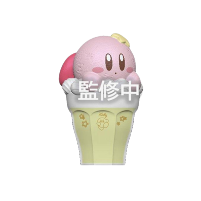 Boneco colecionável de Kirby cor-de-rosa numa base amarela clara com desenhos e texto