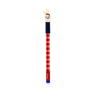 Caneta decorativa com padrão xadrez vermelho e rosa e figura de coelho no topo