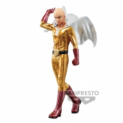 Figura colecionável de personagem careca com fato dourado e capa branca