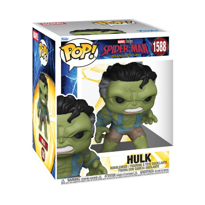Boneco Funko Pop do Hulk embalado numa caixa com detalhes de Spider-Man e número 1588