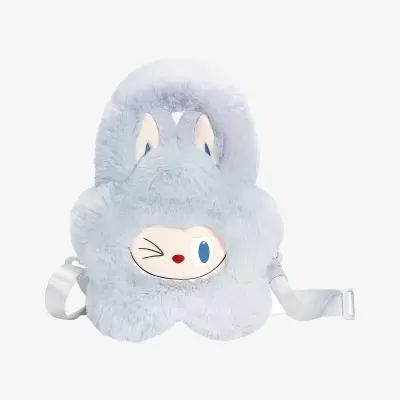 Mochila infantil azul claro em pelo com rosto de coelho