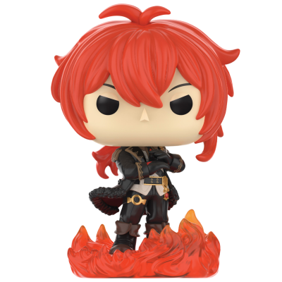 Boneco Funko Pop com cabelo vermelho, roupa preta e base de chamas alaranjadas