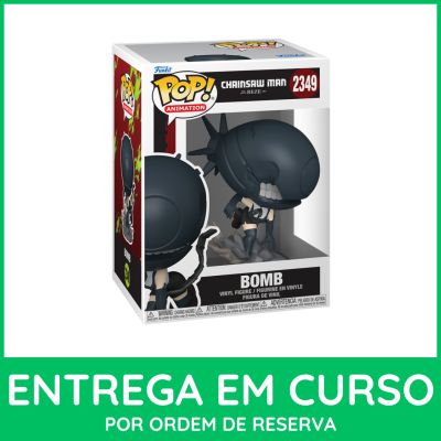 Figura Funko Pop! Chainsaw Man Bomb, embalagem com fundo branco e moldura verde com texto de entrega