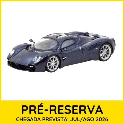 Modelo de carro de coleção azul escuro em fundo branco com aviso de pré-reserva
