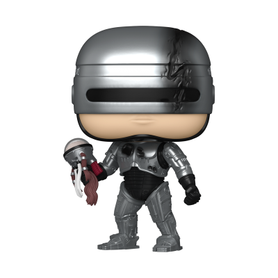 Figura colecionável Funko Pop do Robocop em traje metálico prateado segurando peça robótica.
