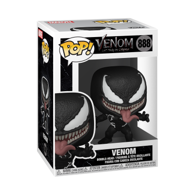 Figura colecionável Venom preta com olhos e dentes brancos, língua rosa, caixa Funko Pop!