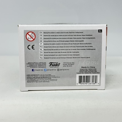 Caixa branca com informações de segurança Funko e código de barras