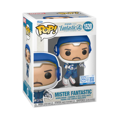 Figura Funko Pop! Mister Fantastic 1520 com capacete azul em embalagem branca e azul