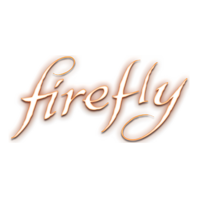 Logotipo da palavra firefly em letras laranja cursivas com brilho sobre fundo branco
