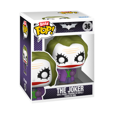 Figura de vinil Bitty Pop! do Joker com roupa roxa e cabelo verde na caixa