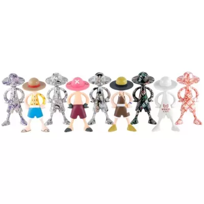 Oito figuras de ação coloridas em fila sobre fundo branco
