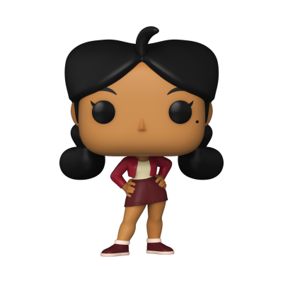 Figura Funko Pop personagem feminina com cabelo preto e roupa vinho e branca