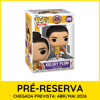 Funko Pop Kelsey Plum vestindo uniforme amarelo de basquete com bola na mão dentro de caixa transparente com texto KELSEY PLUM e POP! WNBA.