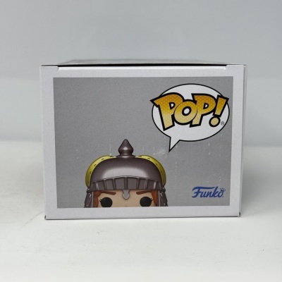 Caixa Funko Pop! com cabeça de figura de capacete castanho e amarelo à vista