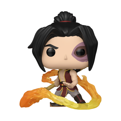 Figura Funko Pop com cabelo preto e efeitos de fogo à volta