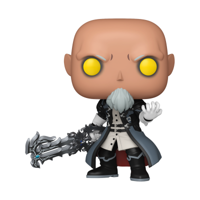 Figura Funko Pop de personagem com espada e casaco preto e cinza