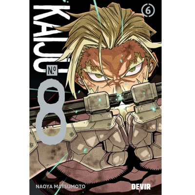 Capa do livro Kaiju Nº 8, volume 6, personagem loiro com armas metálicas