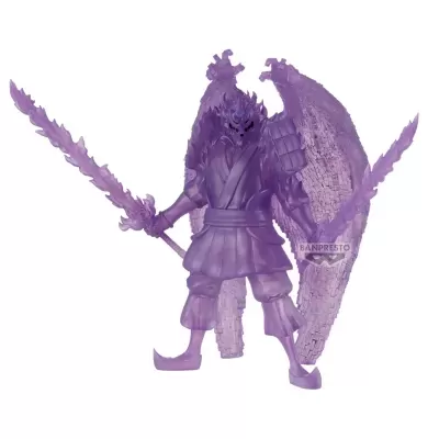 Figura colecionável roxa de guerreiro com armadura e espadas flamejantes